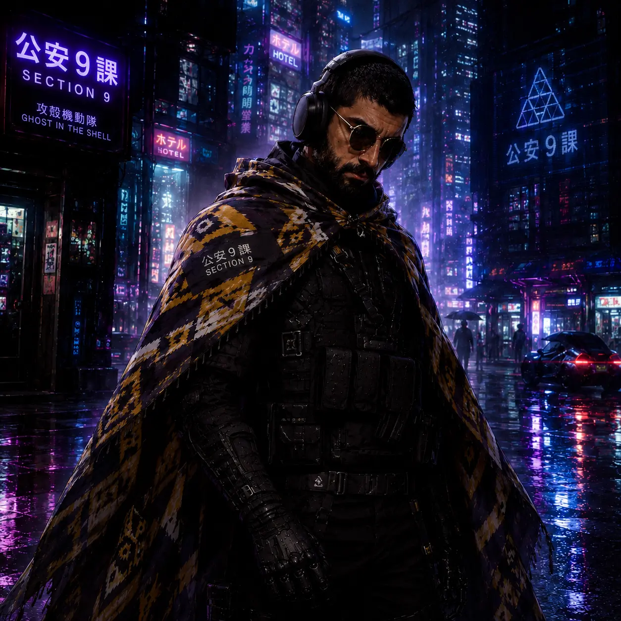An avatar of Ömer: headphones, dark glasses, a patterned cloak and an armoured arm, in a neon city at night.