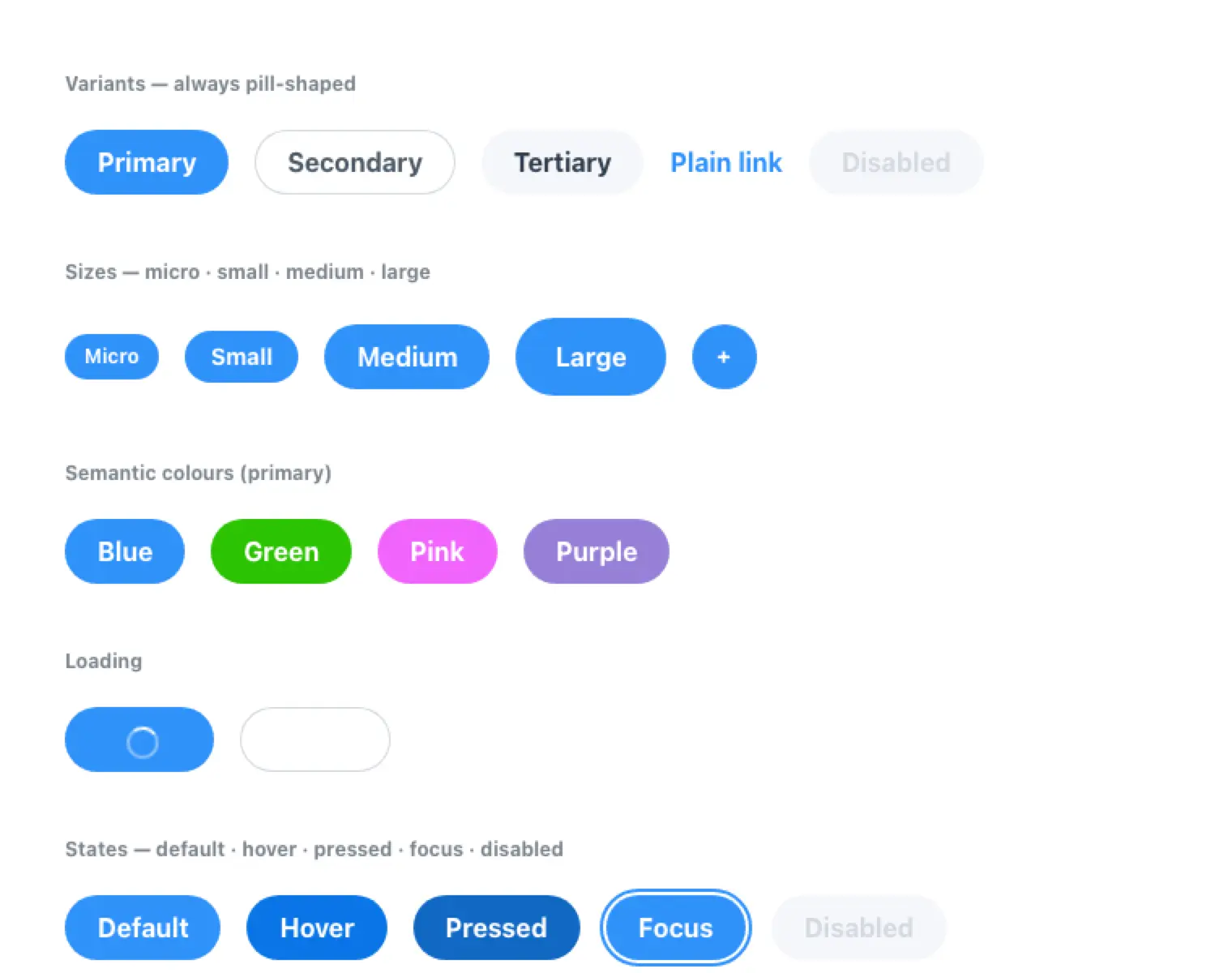 A component specimen sheet. Five button variants in a row, then four sizes, then four semantic colours, then a loading pair, then the five interactive states side by side: default, hover, pressed, focus with its ring, and disabled.