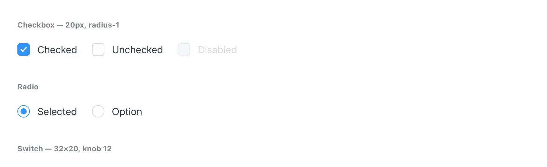 Checkbox, radio and switch, each shown selected, unselected and disabled, with their pixel sizes noted beside the group.