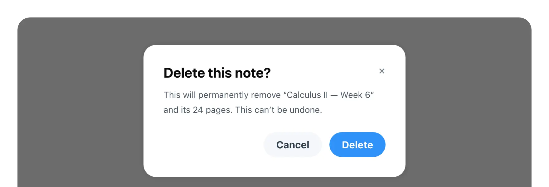 A confirmation dialog over a dimmed backdrop, asking whether to delete a note, with a cancel button and a destructive confirm.