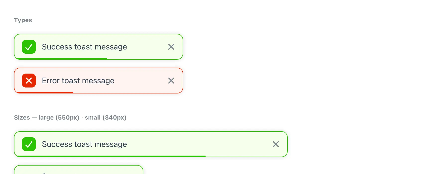 Success and error notifications with an icon and a dismiss control, then the same message at two widths, the narrower one wrapping to four lines.