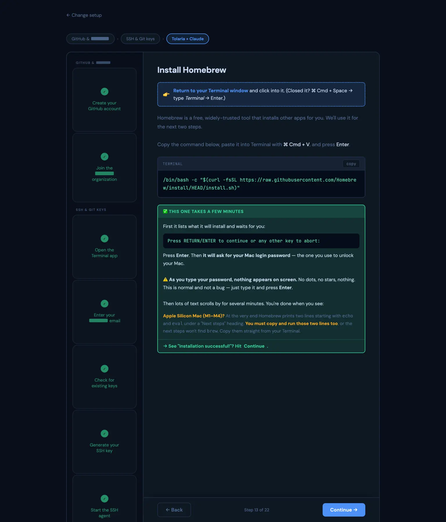 Step thirteen of twenty two of the setup page. A sidebar down the left lists the finished steps with ticks. The panel shows how to install a package manager, with the exact command in a terminal block and a copy button beside it, then a green panel warning that the password prompt shows nothing at all as you type, that this is normal and not a bug.