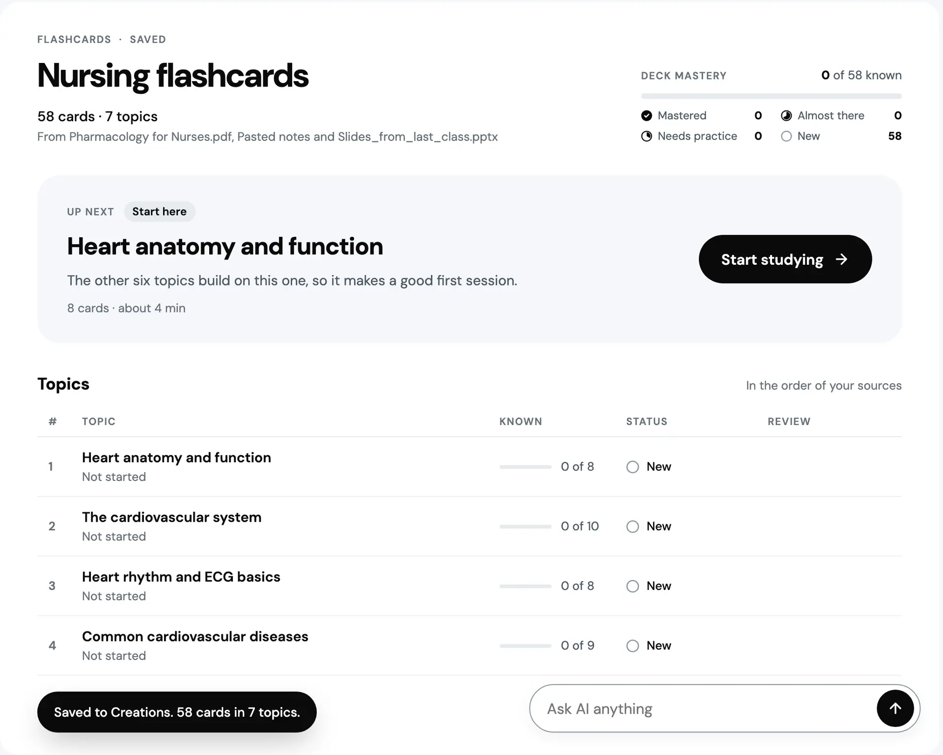 The Nursing flashcards deck, saved: 58 cards in 7 topics. Deck mastery reads 0 of 58 known. An Up next panel tagged Start here offers Heart anatomy and function, saying the other six topics build on this one, so it makes a good first session, with a Start studying button. Four topics are listed as New, and a toast says Saved to Creations. 58 cards in 7 topics.