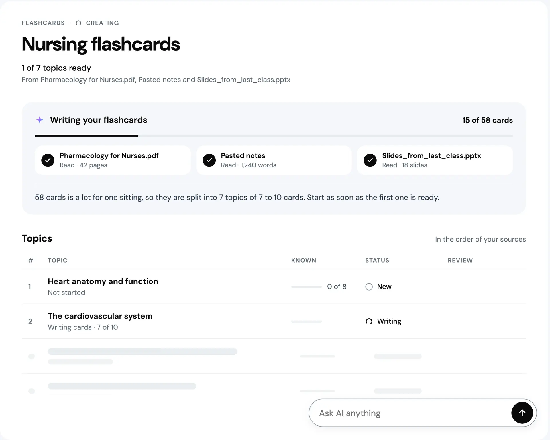 Writing your flashcards, 15 of 58 cards. The three sources are ticked, read at 42 pages, 1,240 words and 18 slides, and a note says 58 cards is a lot for one sitting, so they are split into 7 topics of 7 to 10 cards, and you can start as soon as the first one is ready. Topic 1, Heart anatomy and function, is ready and New; topic 2 is Writing, 7 of 10.