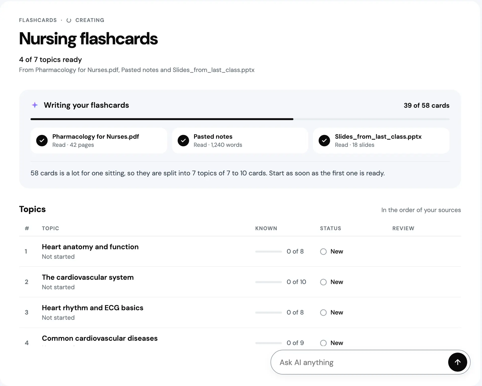 Writing your flashcards, 39 of 58 cards, 4 of 7 topics ready. Heart anatomy and function, The cardiovascular system, Heart rhythm and ECG basics and Common cardiovascular diseases are listed as New.
