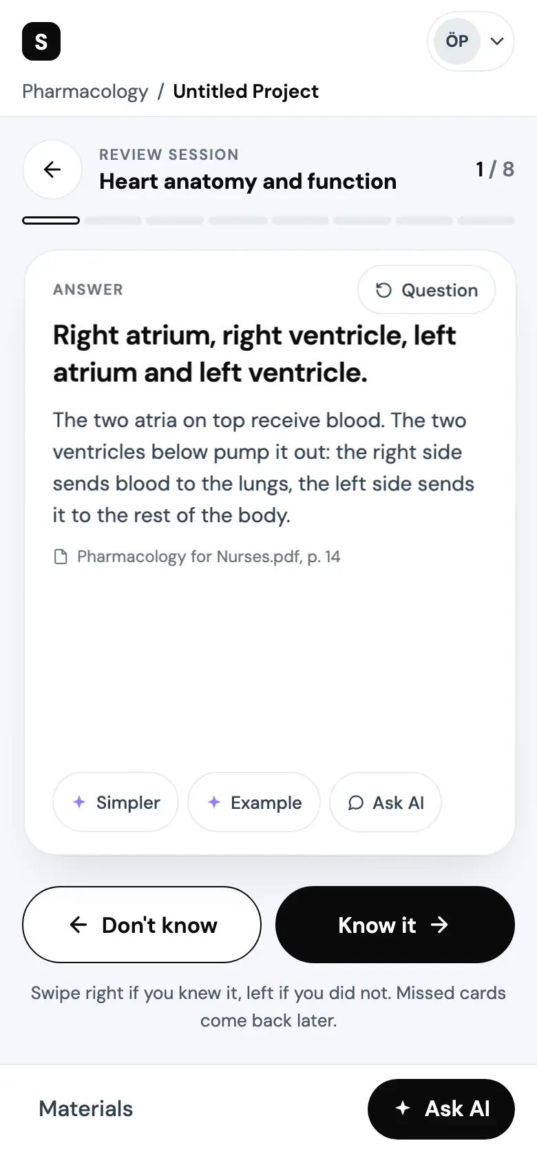 The card's answer, its explanation and source, with three chips, Simpler, Example and Ask AI. Don't know and Know it are live, over the line Swipe right if you knew it, left if you did not. Missed cards come back later.