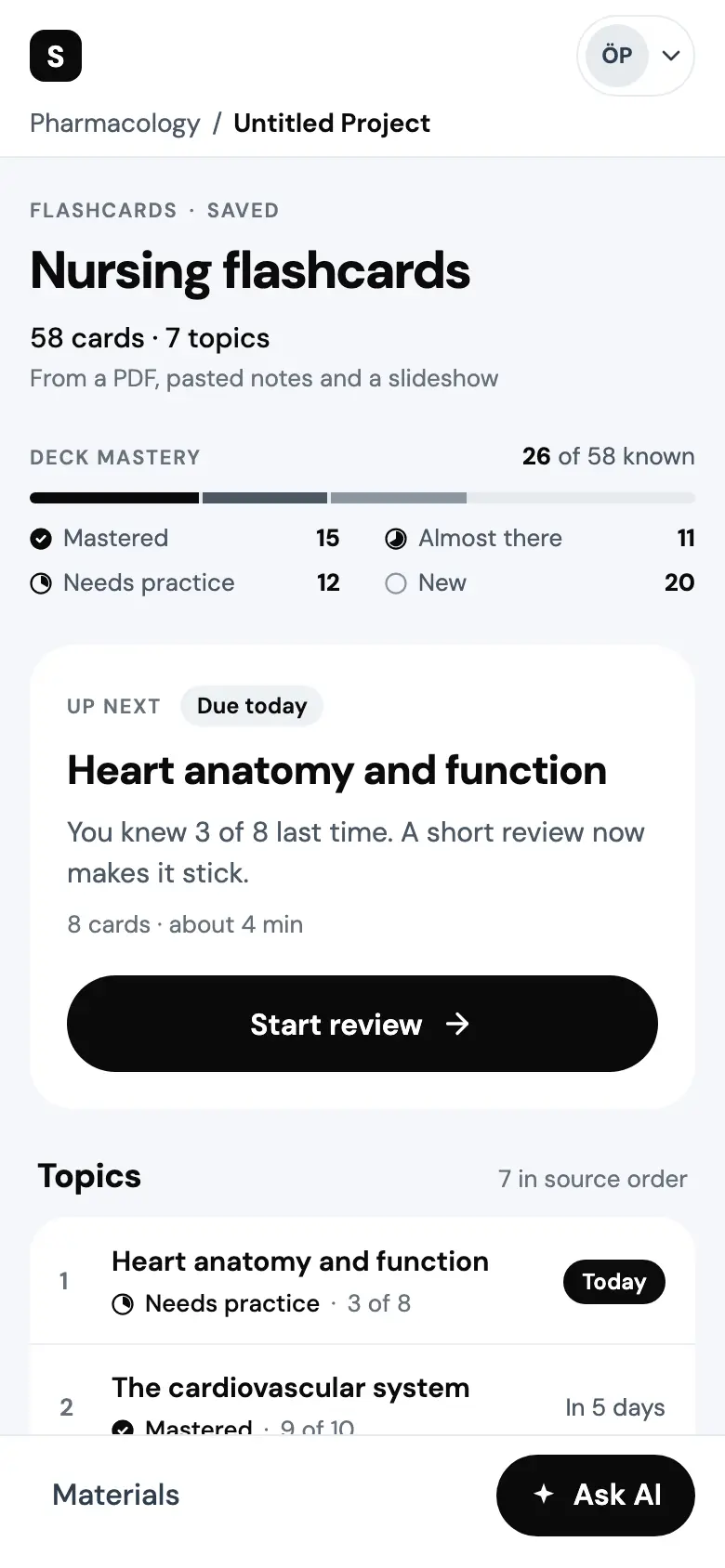 The Nursing flashcards deck on a phone: 58 cards in 7 topics, 26 of 58 known. Up next, tagged Due today, is Heart anatomy and function with a full width Start review button, and the topic list starts below it. A bar at the foot holds Materials and a black Ask AI button.