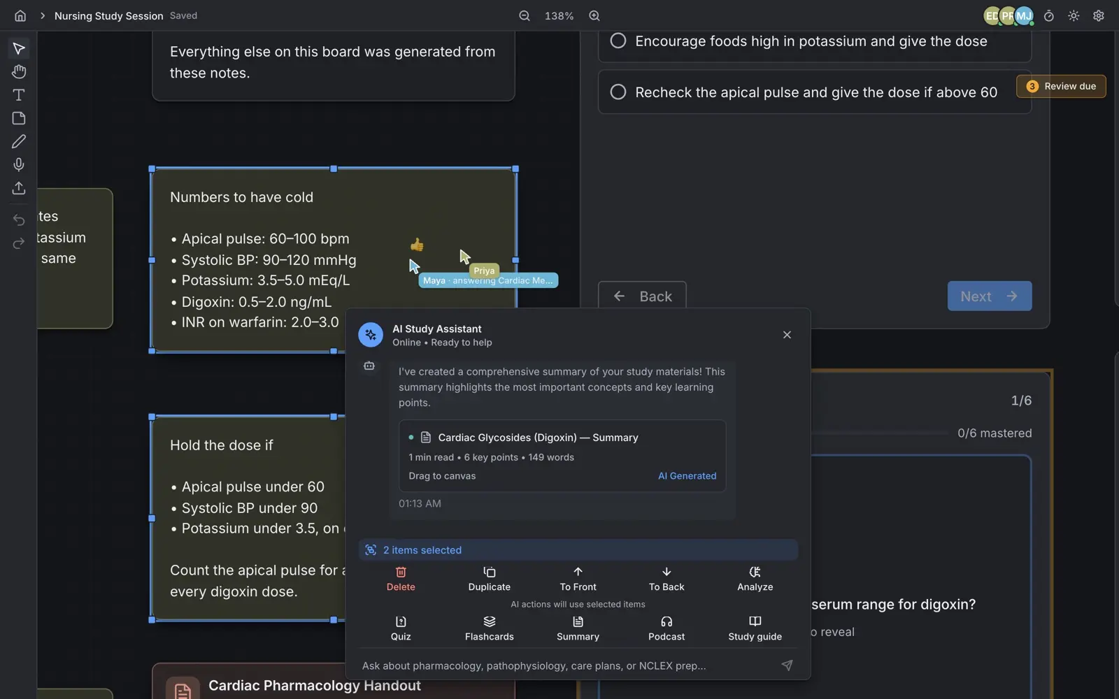 The board mid-session. Two note objects are selected and a panel offers Quiz, Flashcards, Summary, Podcast and Study guide built from exactly those, under a line reading AI actions will use selected items. Two other cursors are on the canvas carrying names, and three avatars sit in the top corner.