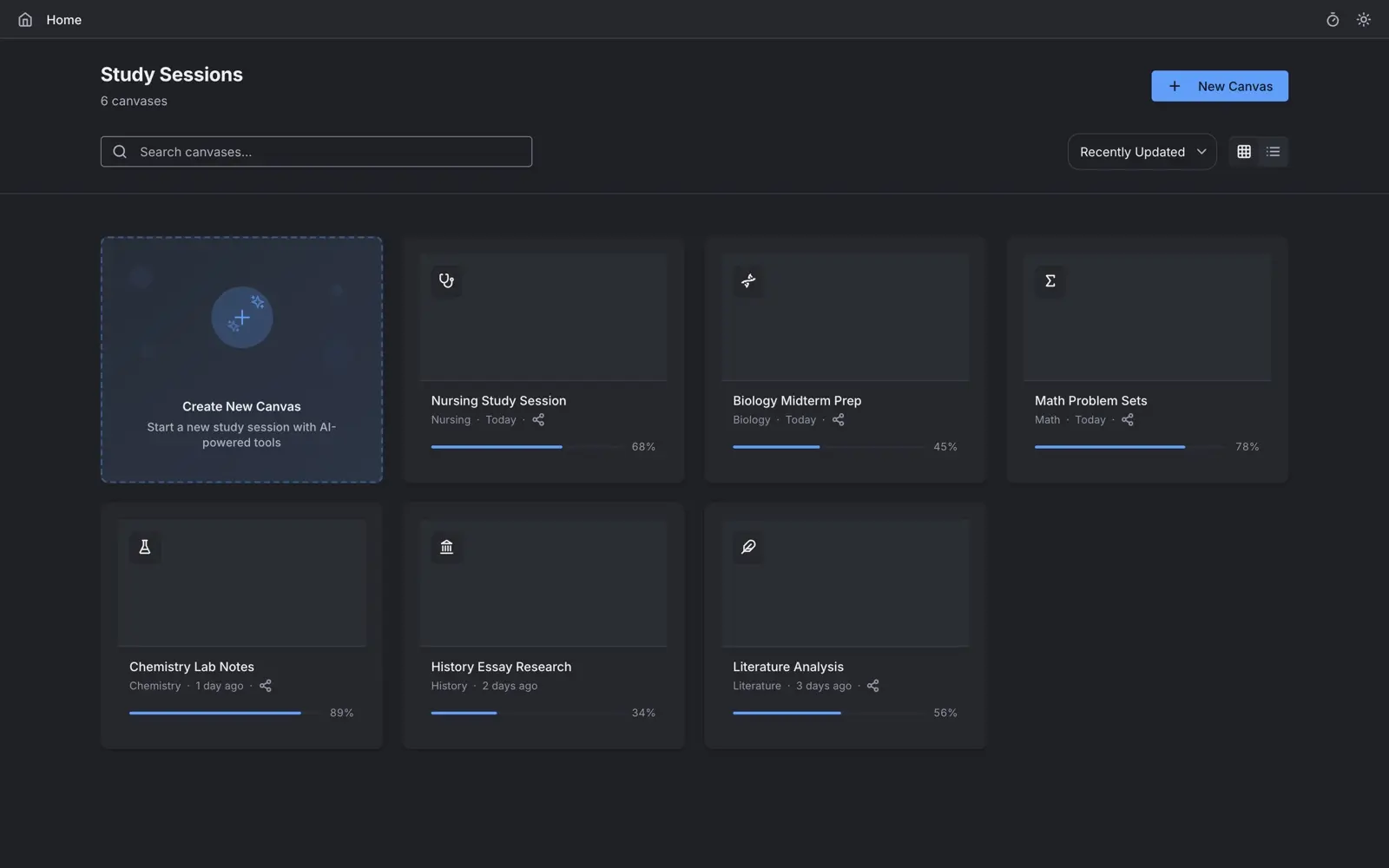 The sessions index. Six canvases are listed as cards, each with its subject, when it was last touched, a share control and a progress bar, and a Create New Canvas tile sits first in the grid. The shell around the canvas is a plain library rather than anything clever.