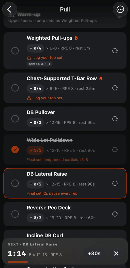 The Pull session with one exercise ticked and the next, DB Lateral Raise, outlined. Each exercise carries a set counter, such as plus zero of four, and the two heavy lifts ask you to log your top set. The rest bar at the foot counts 1:14 down to the lateral raise, five sets of twelve to fifteen at RPE 8, with a plus thirty seconds control and a close control beside it.