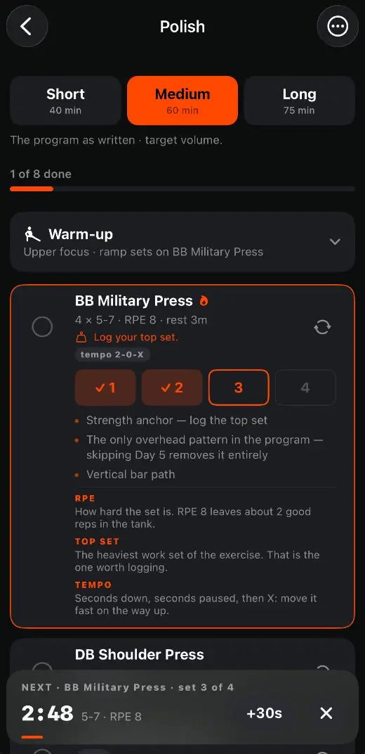 The Polish session at Medium, sixty minutes, with one of eight done. BB Military Press is open: four sets of five to seven at RPE 8 with three minutes rest, a prompt to log the top set and a tempo of 2-0-X. Under it four set buttons, the first two ticked, the third outlined as next and the fourth waiting. Short cues on the lift follow, then plain definitions of RPE, top set and tempo. The rest bar at the foot counts 2:48 to set three of four.