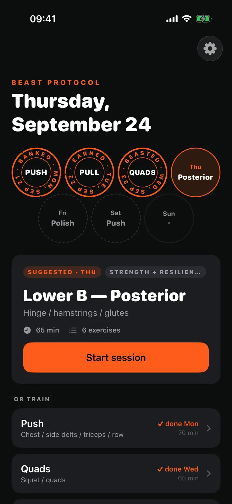 Today on Thursday the twenty fourth of September. The week card has seals for Push, Pull and Quads, Thursday tinted with Posterior, and Friday, Saturday and Sunday still to come. Below it a card tagged suggested for Thursday offers Lower B, Posterior, sixty five minutes and six exercises, with a start session button. Other sessions are listed under it, marked done on the days they were done.