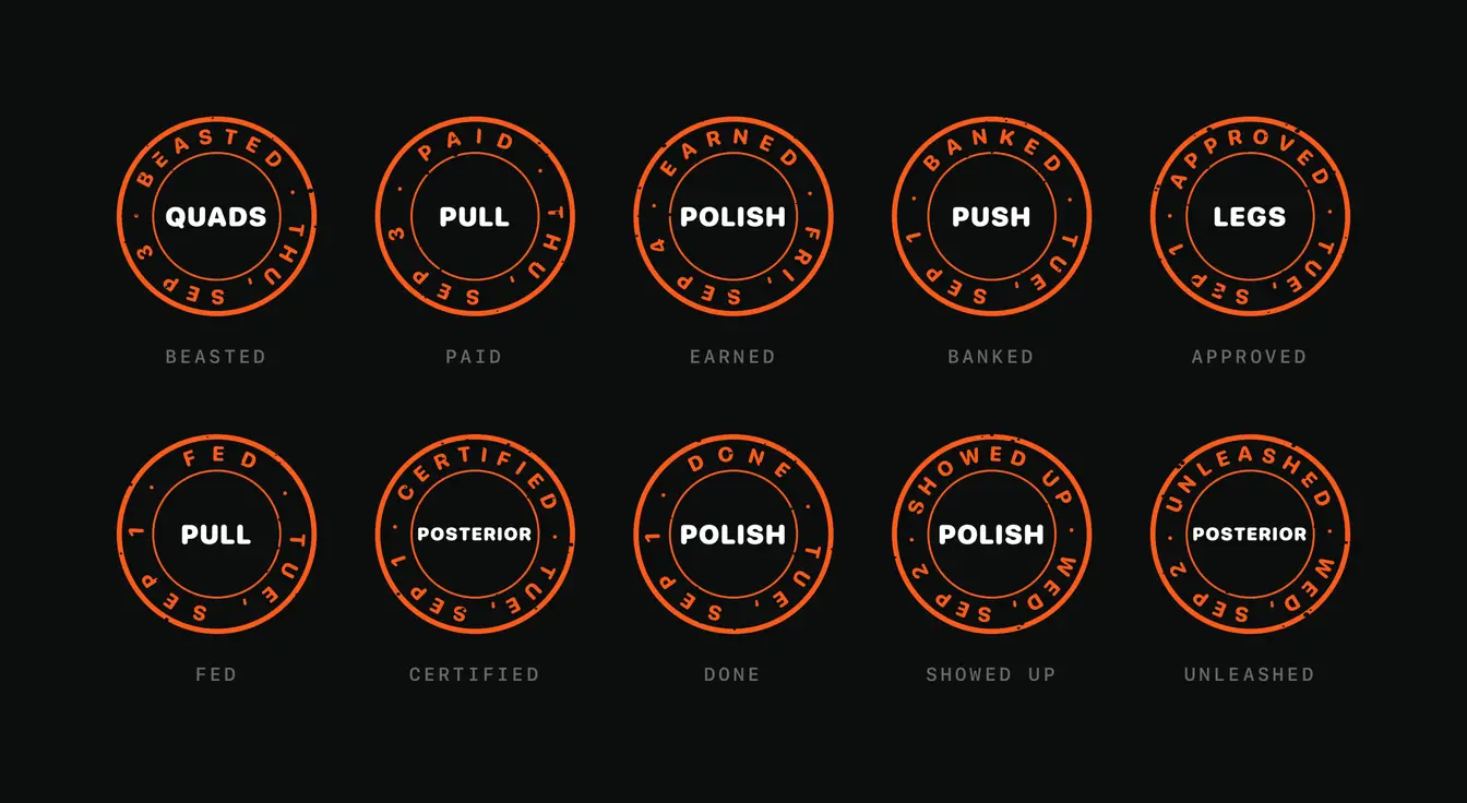 The ten stamps again as round seals, five to a row. Each has a session name in white at its centre, such as Quads, Pull or Posterior, with the stamp word along the top of the rim and the date along the bottom. Each is labelled underneath with its stamp word.