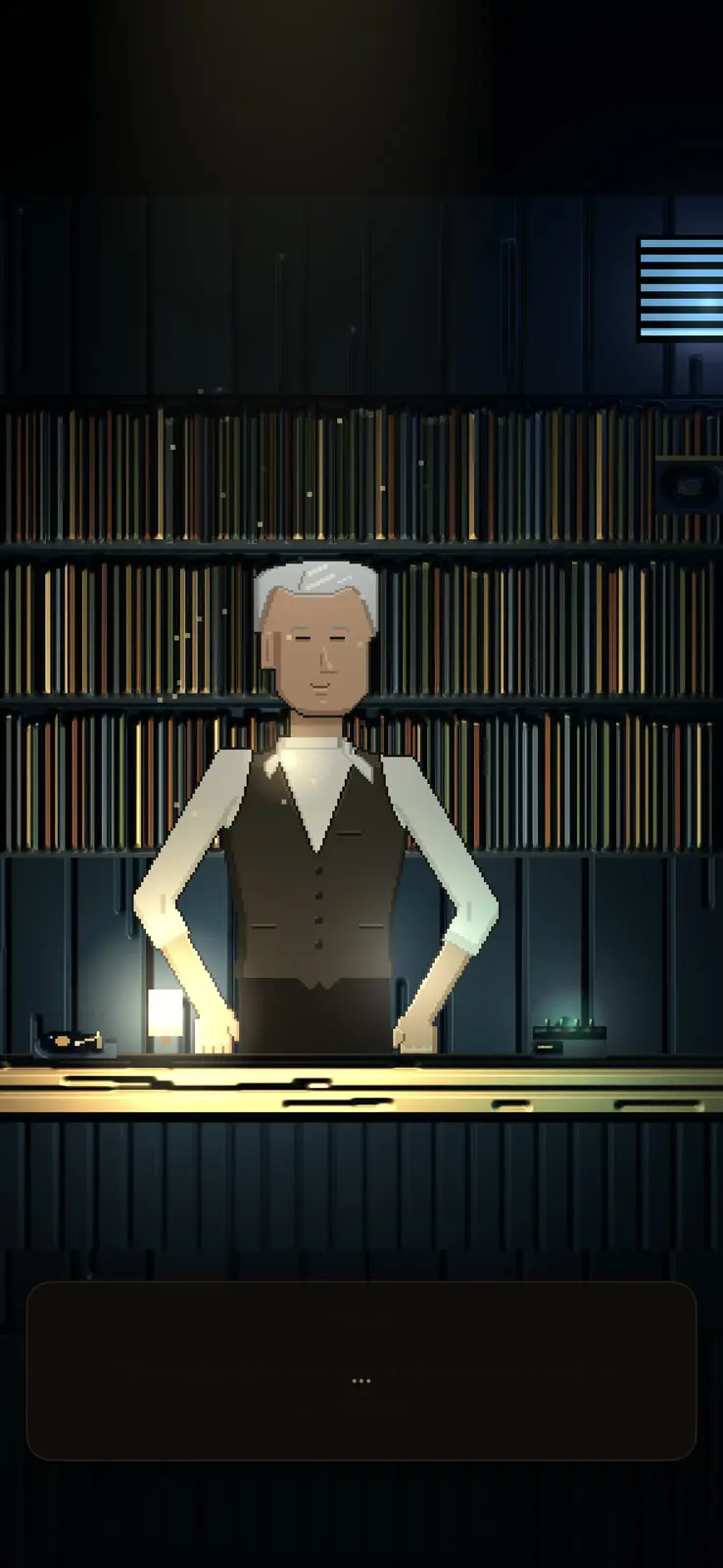 Harada stands behind the bar, hands on the counter, a lamp and a small record player beside him. The panel below holds only an ellipsis.