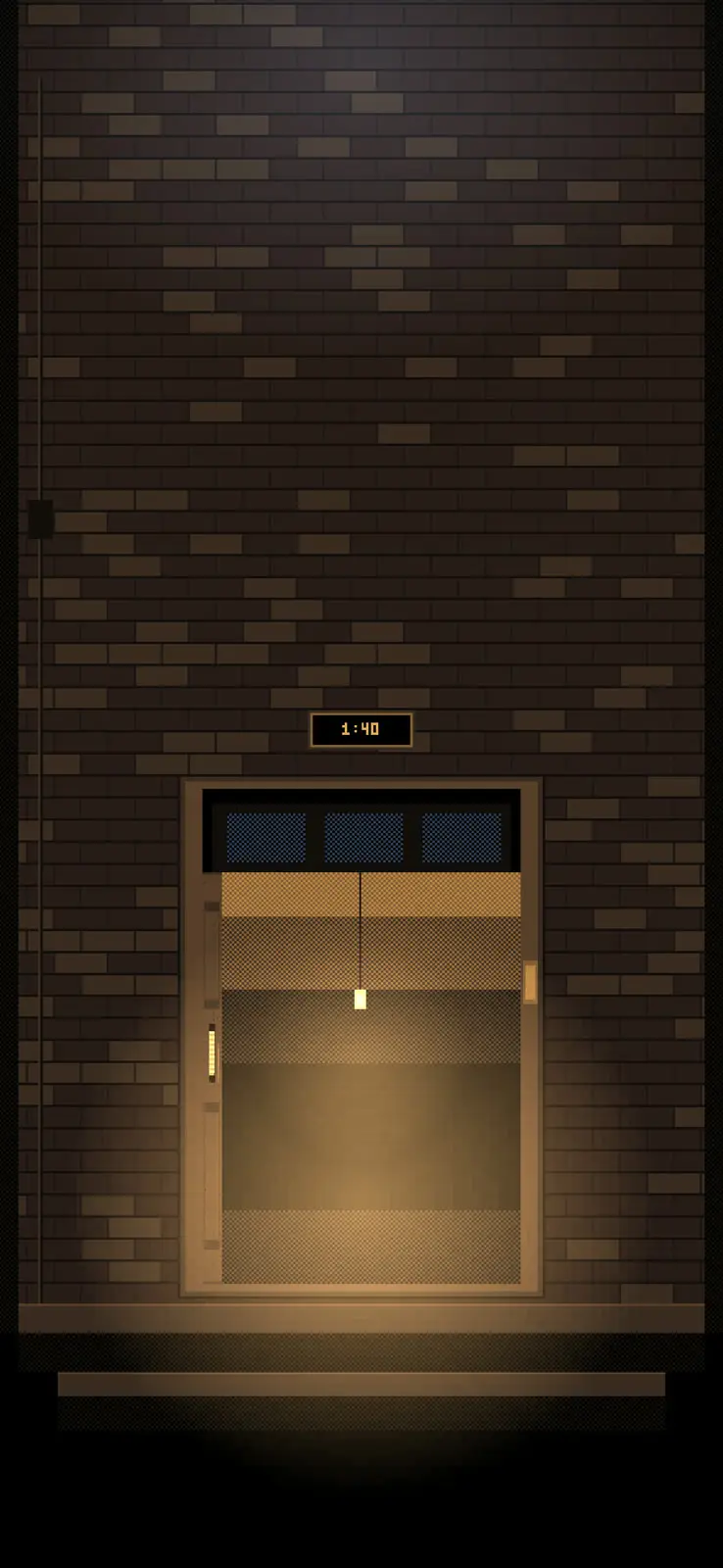 A dark brick wall with a wooden door in the middle, lit warm from a small bulb over it. A tiny clock above the door reads 1:40.