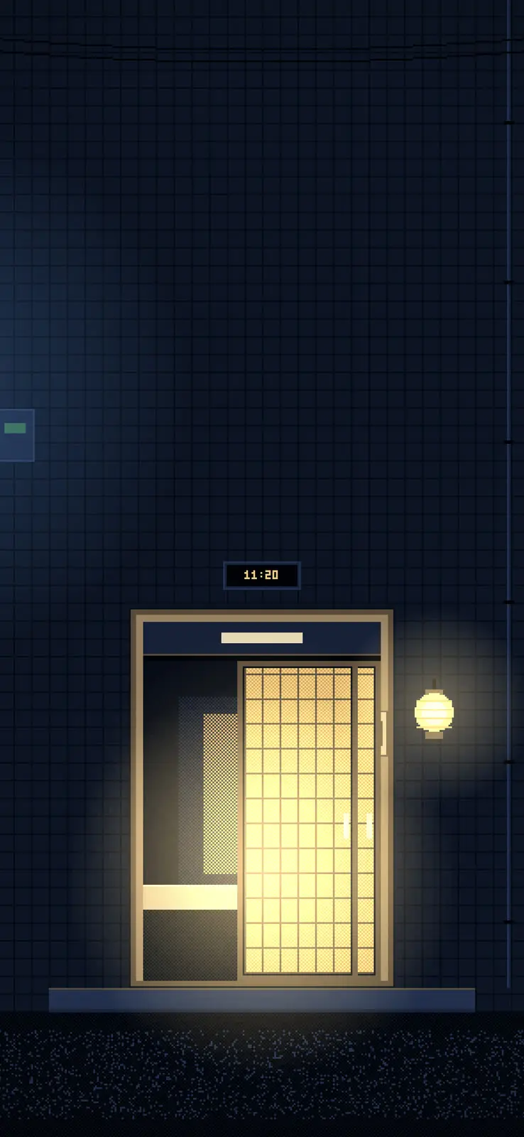 A dark blue tiled wall at night, with a sliding paper screen door lit warm from inside and a round paper lantern glowing beside it. A small clock above the door reads 11:20.