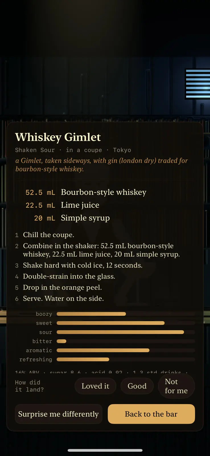 A recipe card in Tokyo headed Whiskey Gimlet, then Shaken Sour, in a coupe, Tokyo, and in amber, a Gimlet, taken sideways, with gin (london dry) traded for bourbon-style whiskey. Three ingredients: 52.5 mL bourbon-style whiskey, 22.5 mL lime juice and 20 mL simple syrup. Six steps, then bars for boozy, sweet, sour, bitter, aromatic and refreshing, a line of figures beginning 14% ABV, and the rating row and buttons.