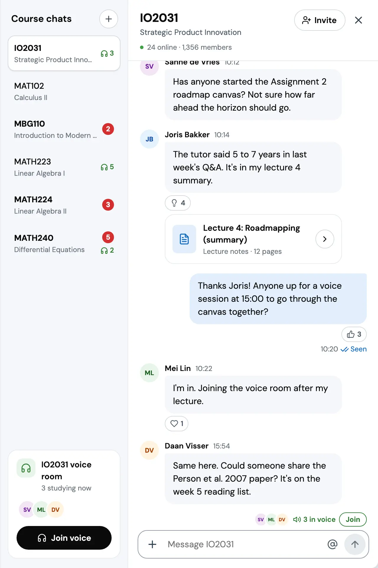 The chat open: a Course chats list on the left with IO2031 selected and unread badges and headset counts on other courses, an IO2031 voice room card with Join voice at its foot, and the thread on the right with messages from Sanne, Joris, Mei and Daan, a Lecture 4 summary card, your own message marked Seen, and 3 in voice with Join above the composer.