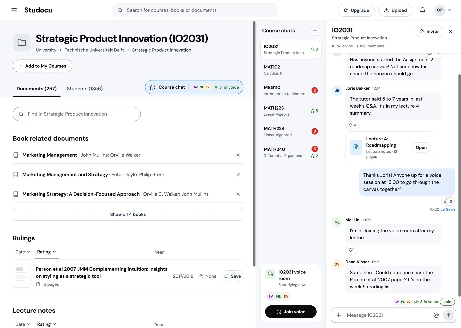 A Studocu course page for Strategic Product Innovation, IO2031, with the course chat docked on the right. A list of six courses shows unread counts and green headset counts for people in voice, a voice room card offers Join voice, and the IO2031 thread holds messages from classmates, a shared lecture summary and a Join button for the voice room.