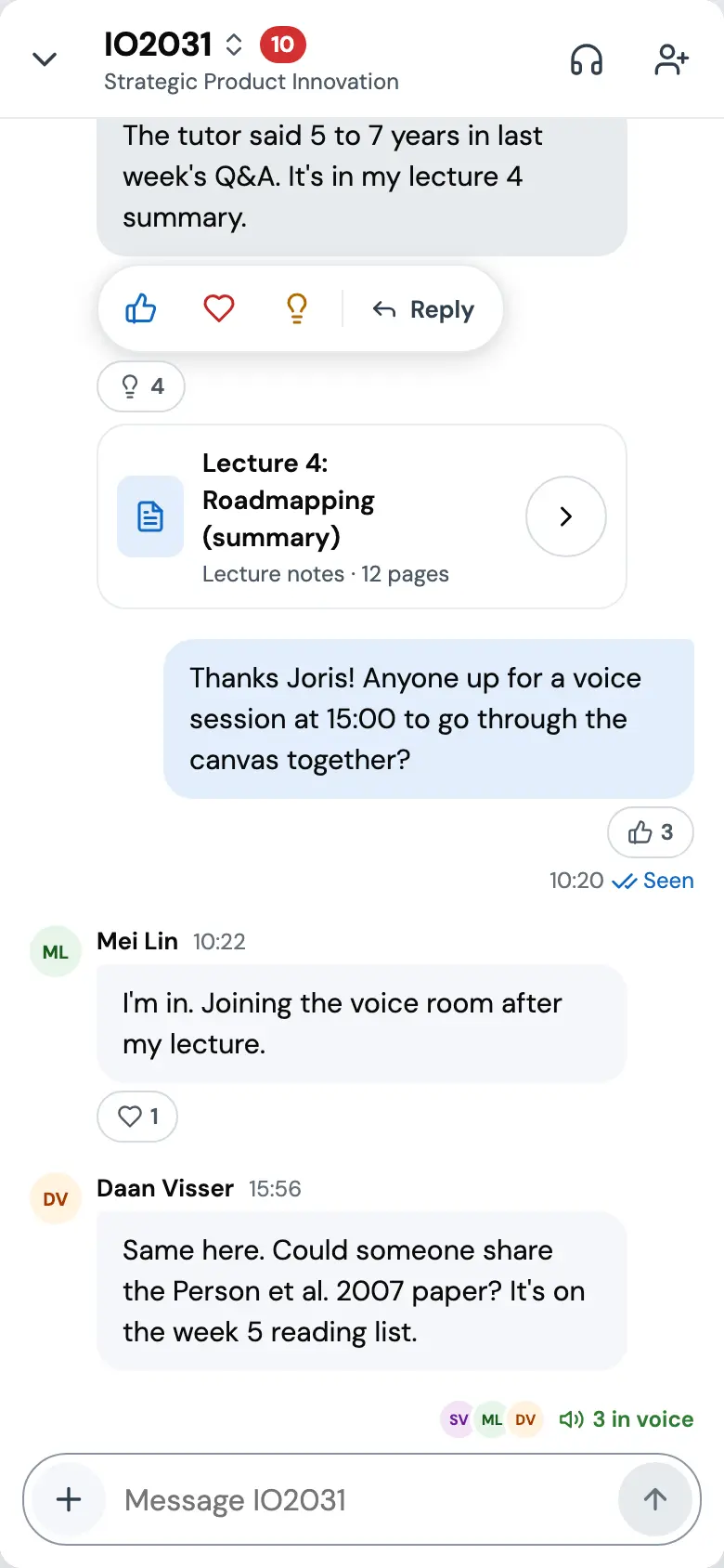 Joris's message tapped. A pill under it offers thumbs up, heart, helpful and Reply.