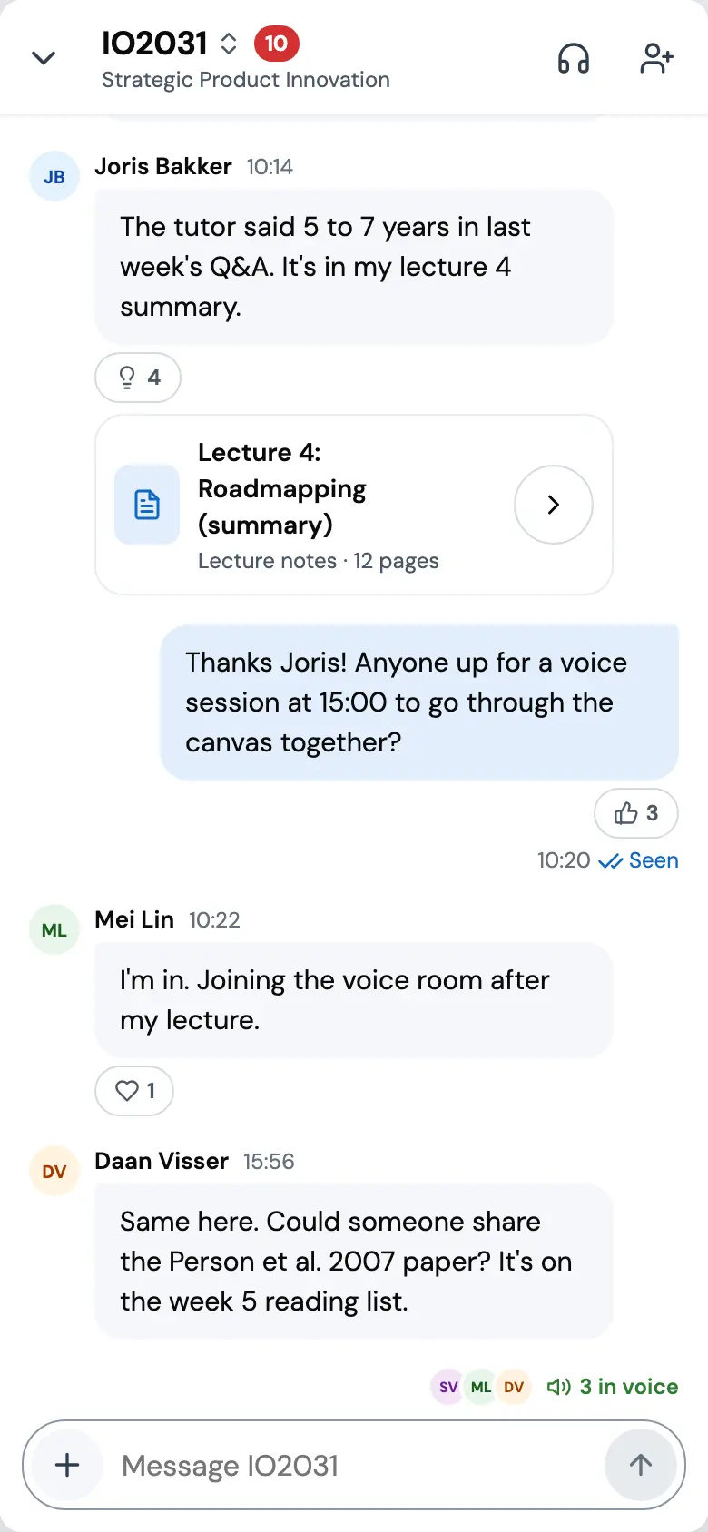 The IO2031 chat at full width: a chevron to close at the top left, the course code with a red 10 for other courses, a headset and an invite button, then the thread and the composer.