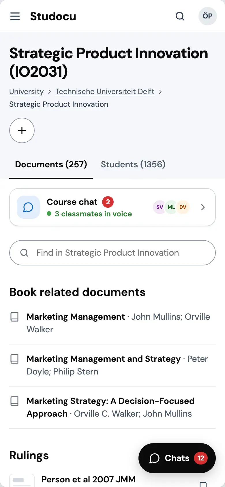 The course page on a phone. Under the Documents and Students tabs a Course chat card shows a red 2, 3 classmates in voice and three avatars, and a black Chats pill with a red 12 floats at the bottom right.