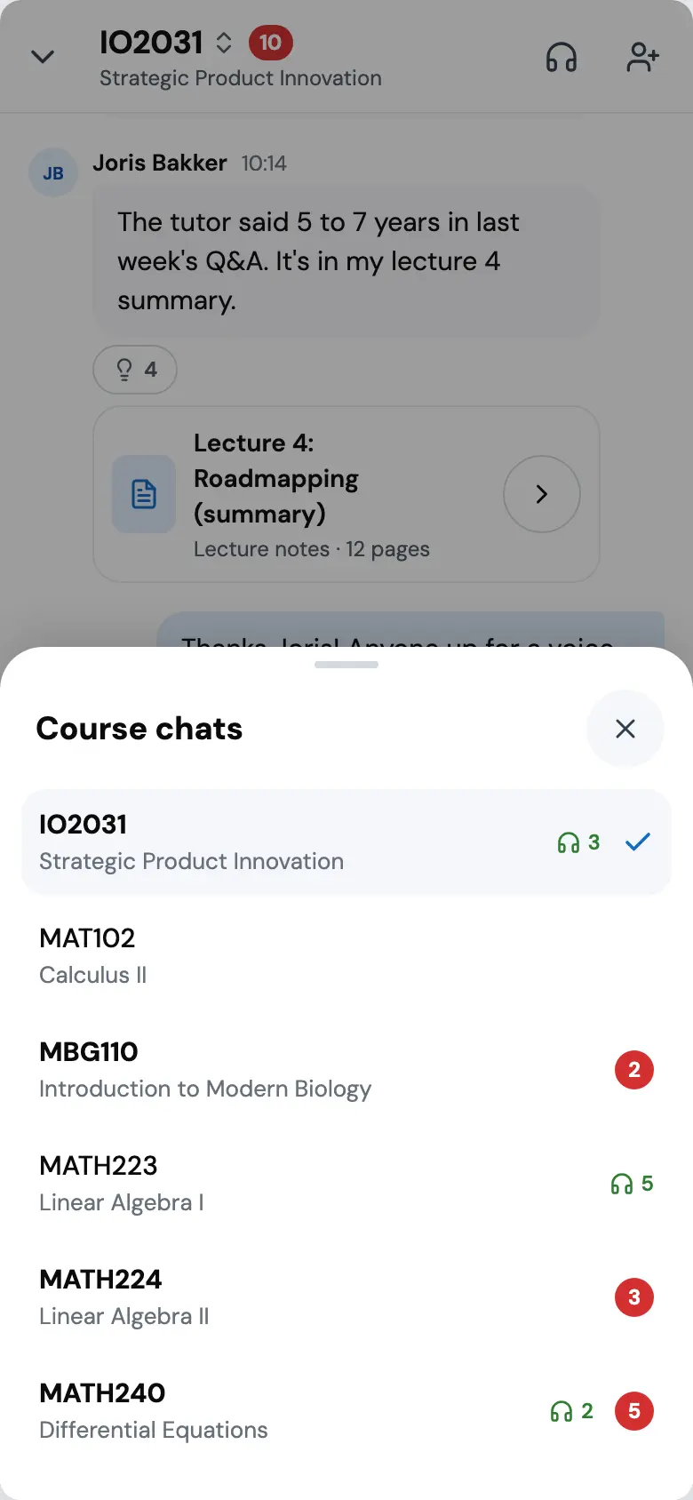 The course code tapped. A Course chats sheet rises over the thread listing six courses with unread badges and headset counts, IO2031 ticked.