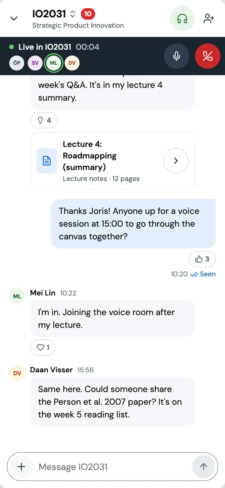 Voice joined from the header. The headset button is filled green and a dark bar under the header reads Live in IO2031 00:04 with four avatars, one ringed in green, and mute and hang up buttons.