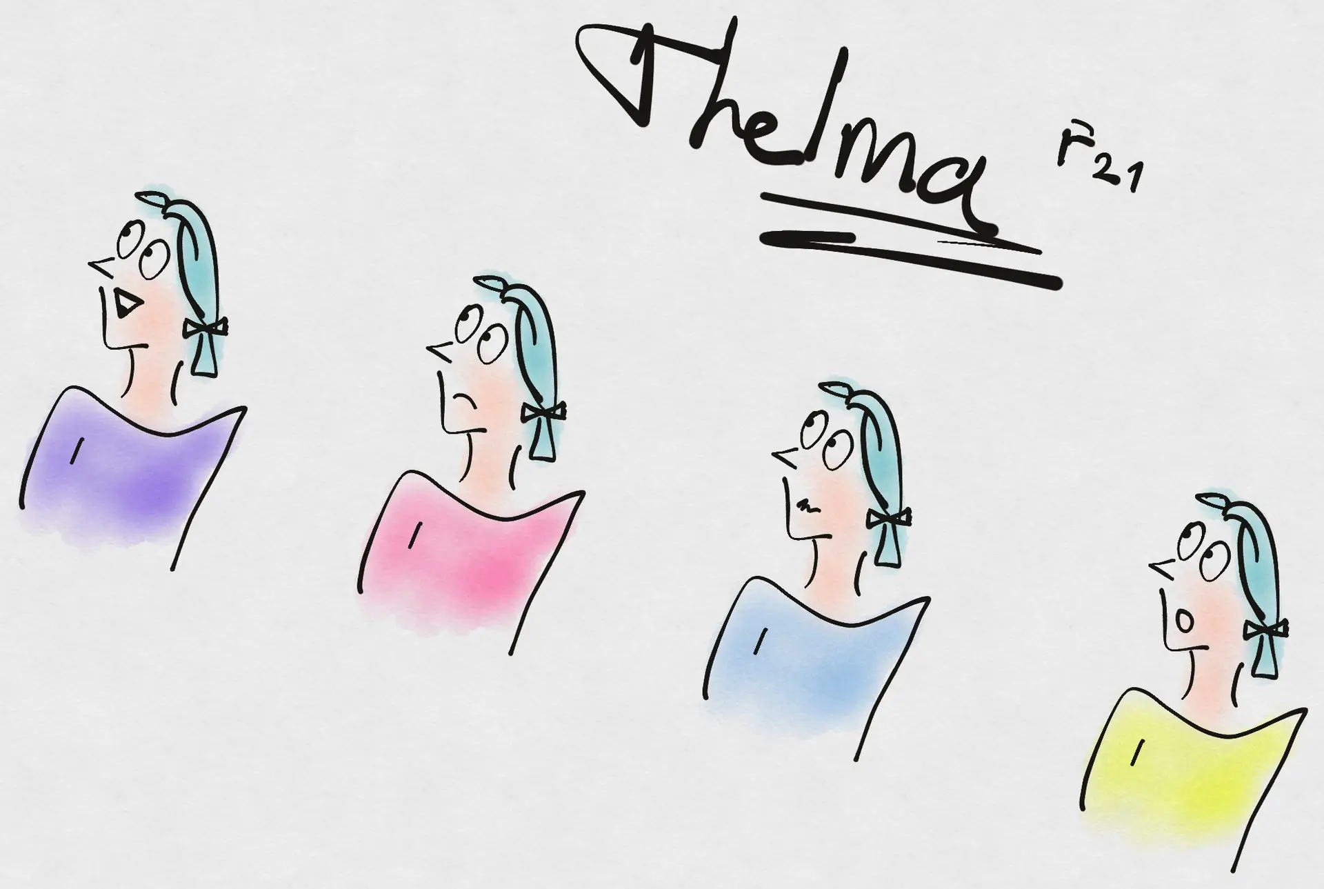 Four marker drawings of the same young woman with blue hair tied back, each in a different coloured top, looking up with a different expression. Her name, Thelma, and F 21 are written above them.