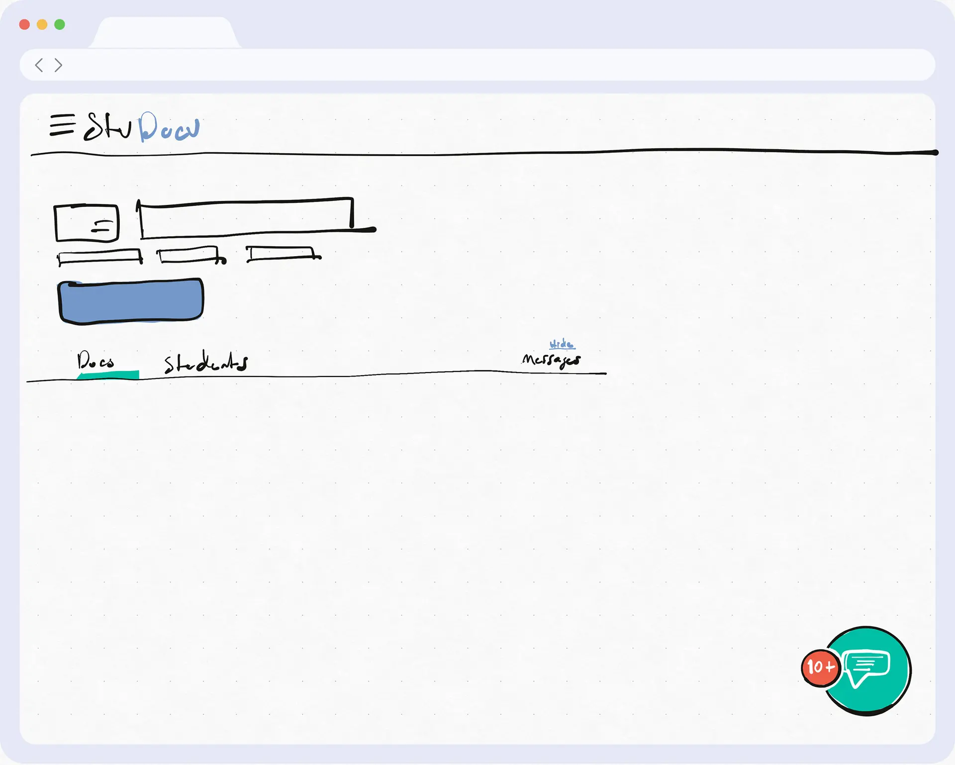 A hand sketch of the course page in a browser window: the header, the course title block, Docs and Students tabs with Messages and a small Hide link at the right, and a green round chat button with a red 10+ badge in the bottom right corner.