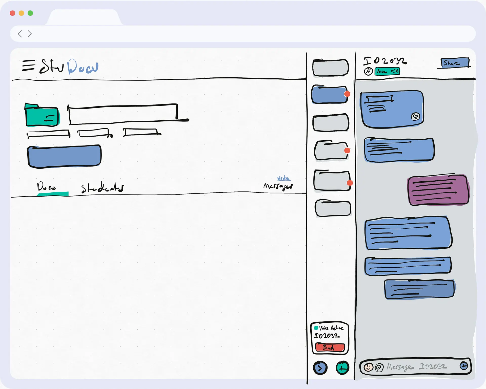 The same sketch with the chat open on the right: a column of course tiles, some with red dots, a dark Voice Active card for IO2032 with a red End button at its foot, and a thread of blue and purple message bubbles under the channel name, a Share button and a composer.