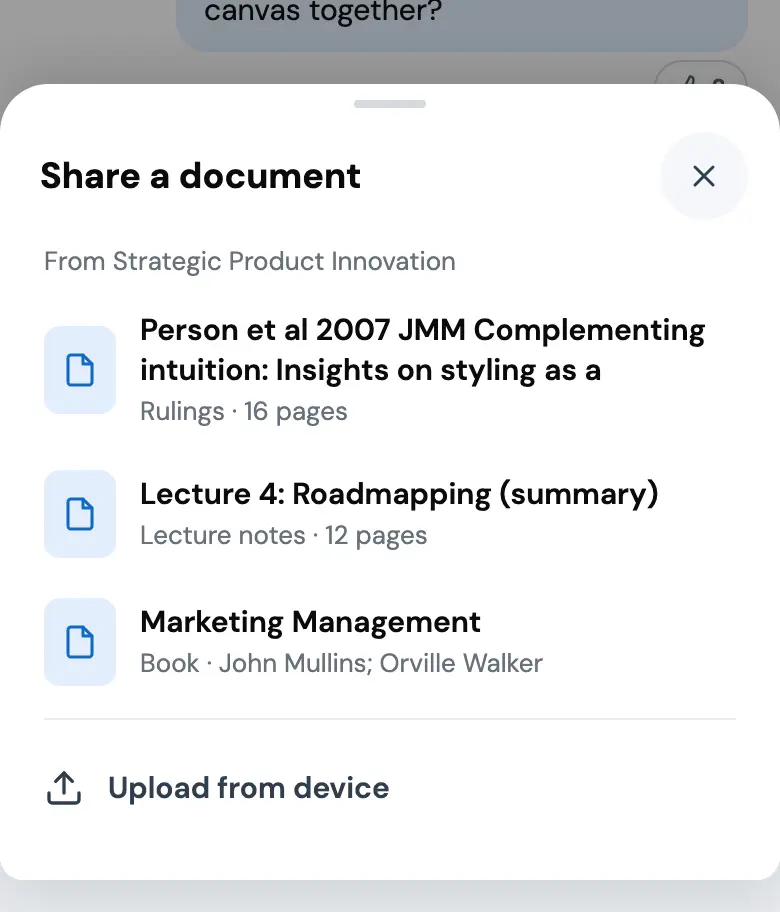 The phone's Share a document sheet over the dimmed thread: three documents from Strategic Product Innovation, a ruling, the Lecture 4 summary and a book, then Upload from device.