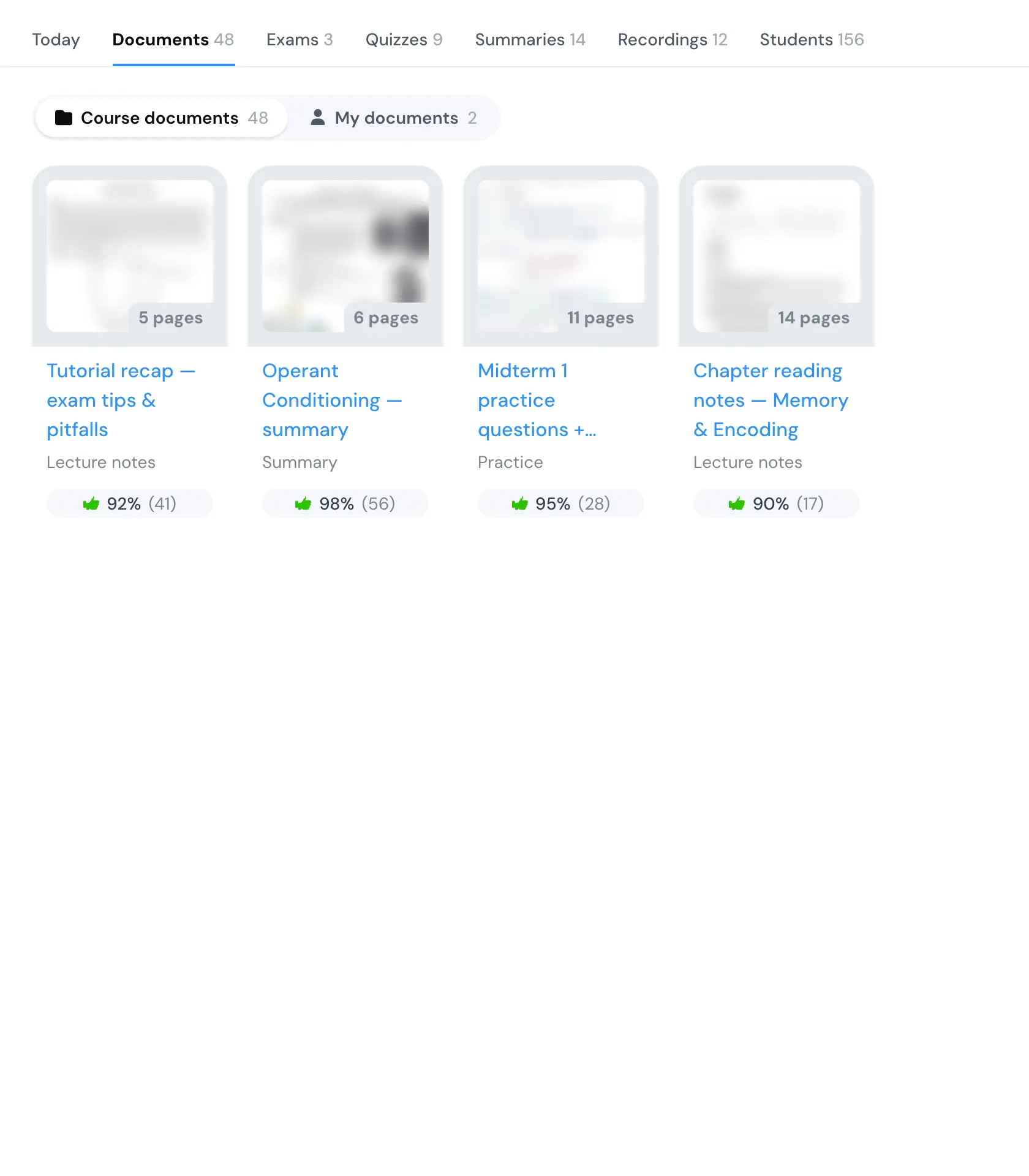 The Documents tab as it was: a grid of documents in no particular order, each with its type and rating.