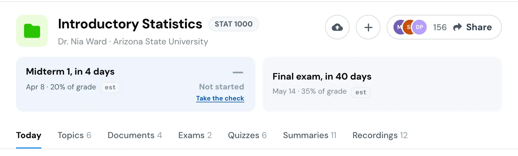 The header of an introductory statistics course. Midterm 1 and the final exam each show a date with a small est mark beside it.