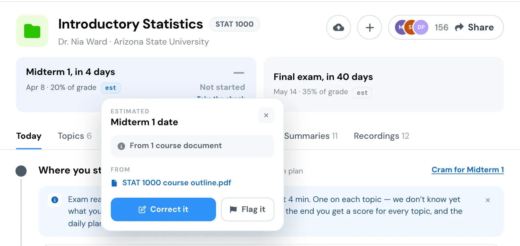 The est mark pressed. A small sheet says the Midterm 1 date is estimated from one course document, names the course outline it came from, and offers Correct it and Flag it.