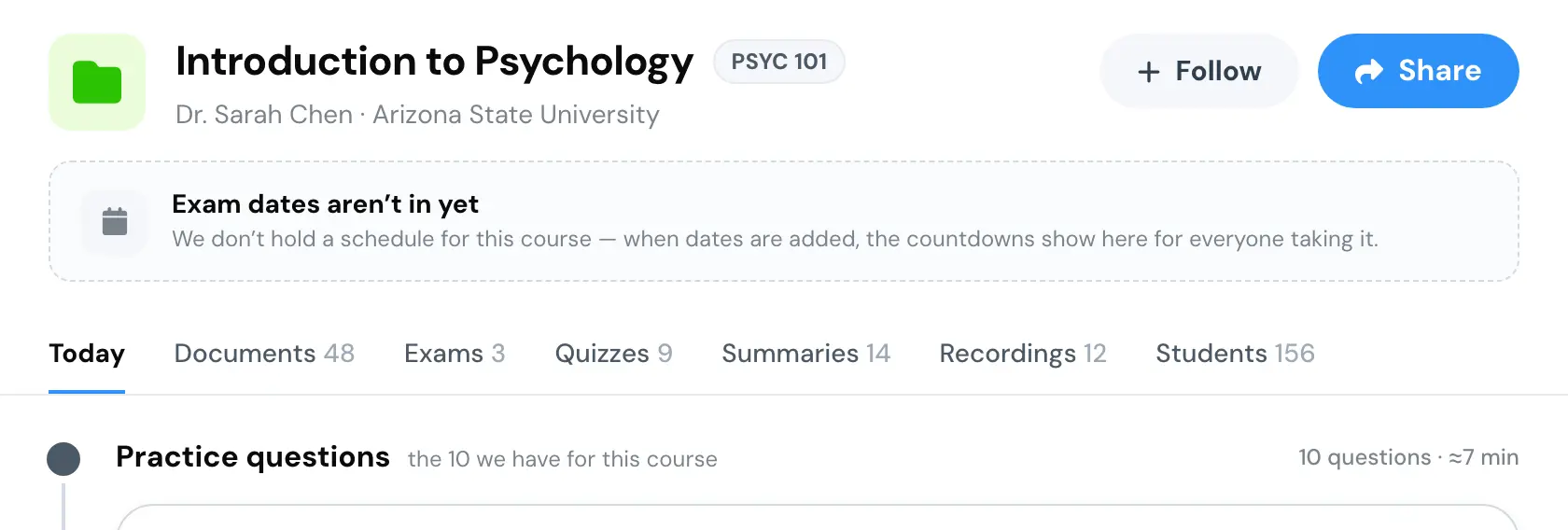 The course header with no dates in it: one dashed card saying exam dates aren't in yet, and that countdowns will show here for everyone once they are added.