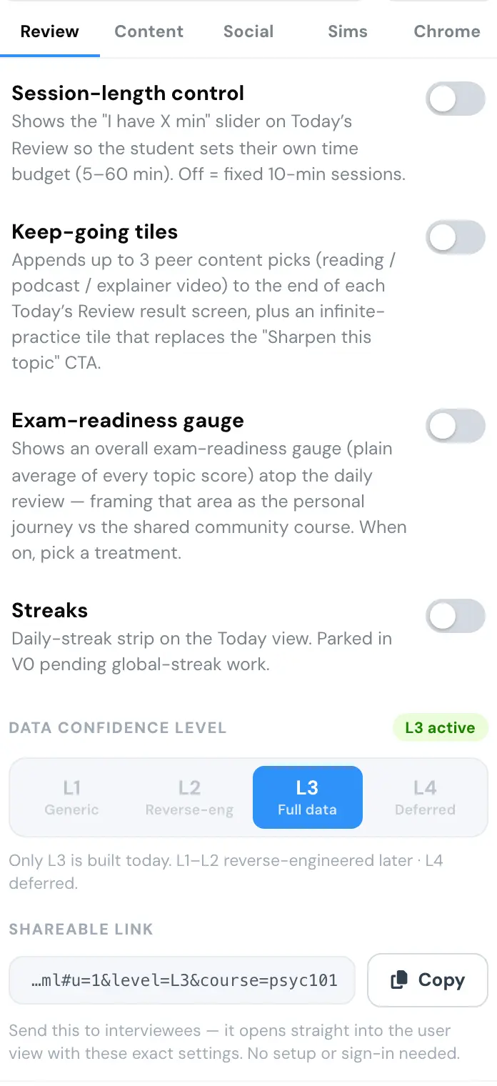 The prototype's session settings for an interview: switches for session length, keep-going tiles, a readiness gauge and streaks, all off, the data confidence level at L3, and a shareable link that opens the user view with these settings.