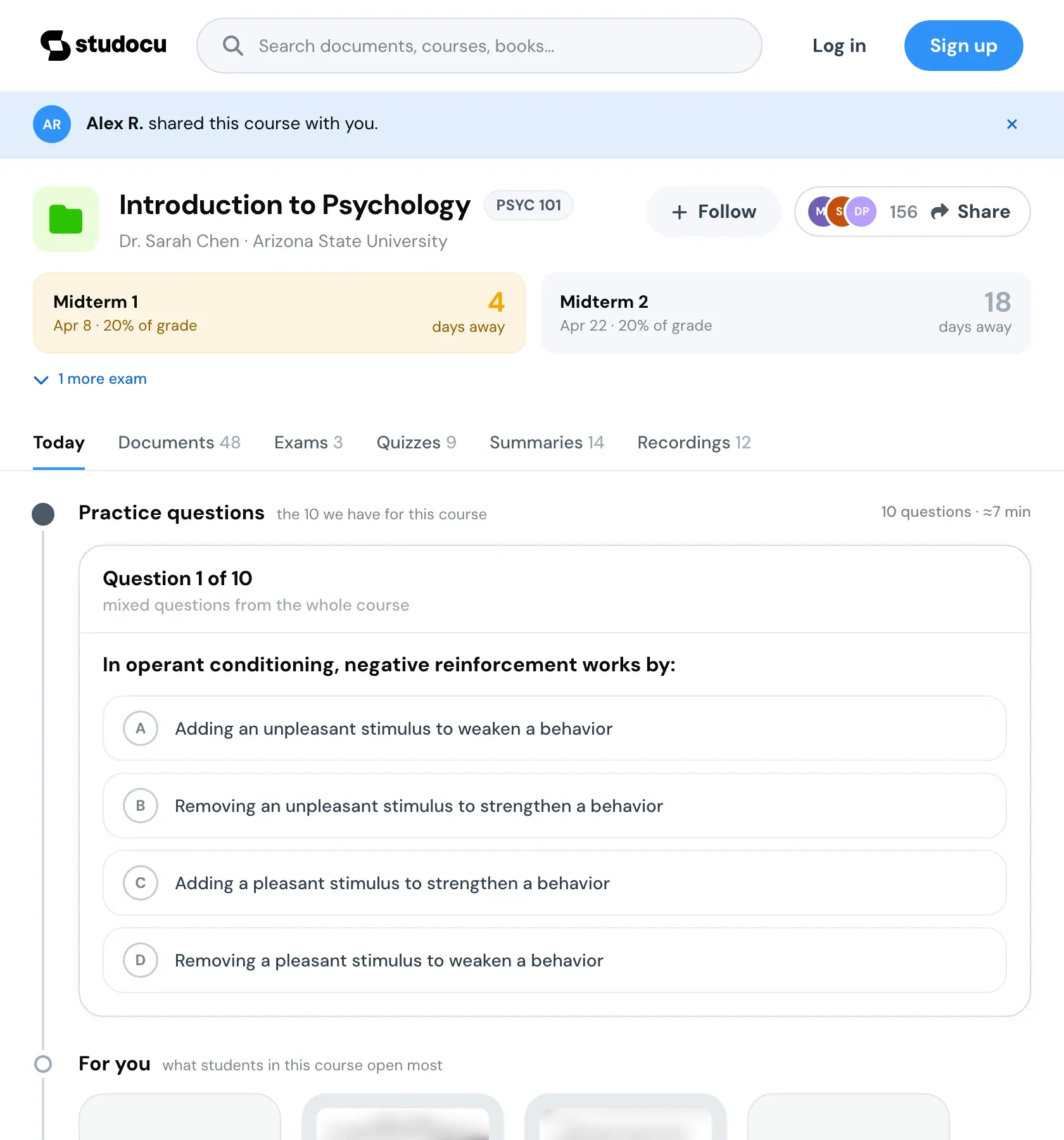 The classmate's view, signed out, with Log in and Sign up at the top. A banner says Alex R. shared this course with you, over the course header, and the same ten practice questions start at question one.