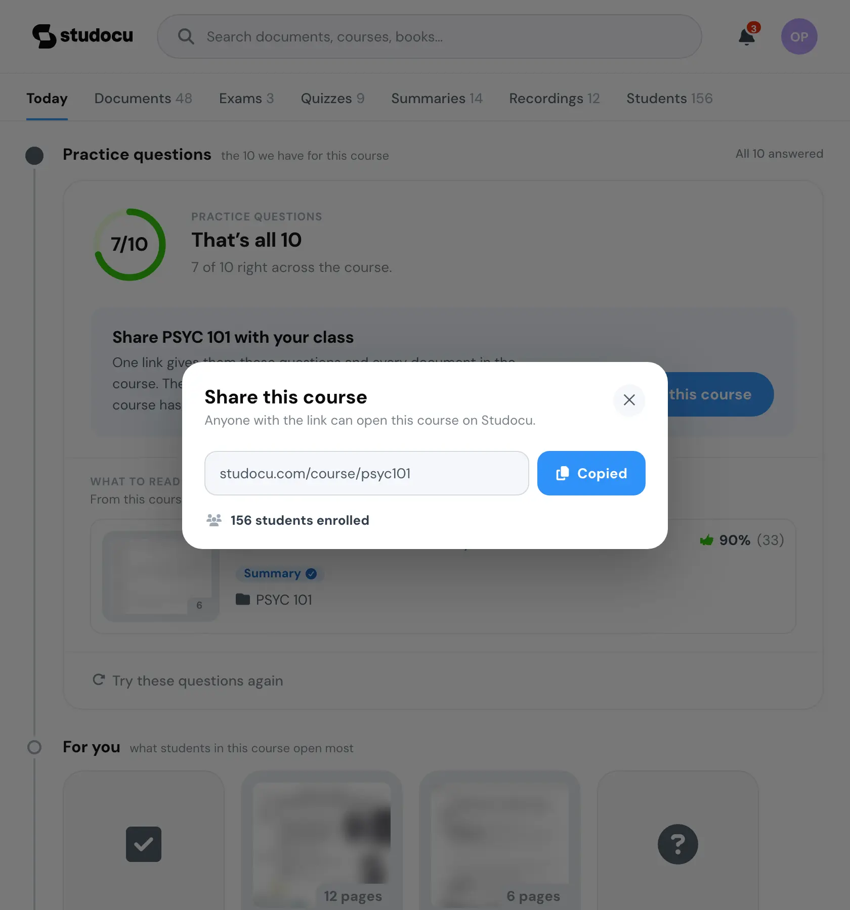 The same sheet with the link copied, its button now reading Copied.