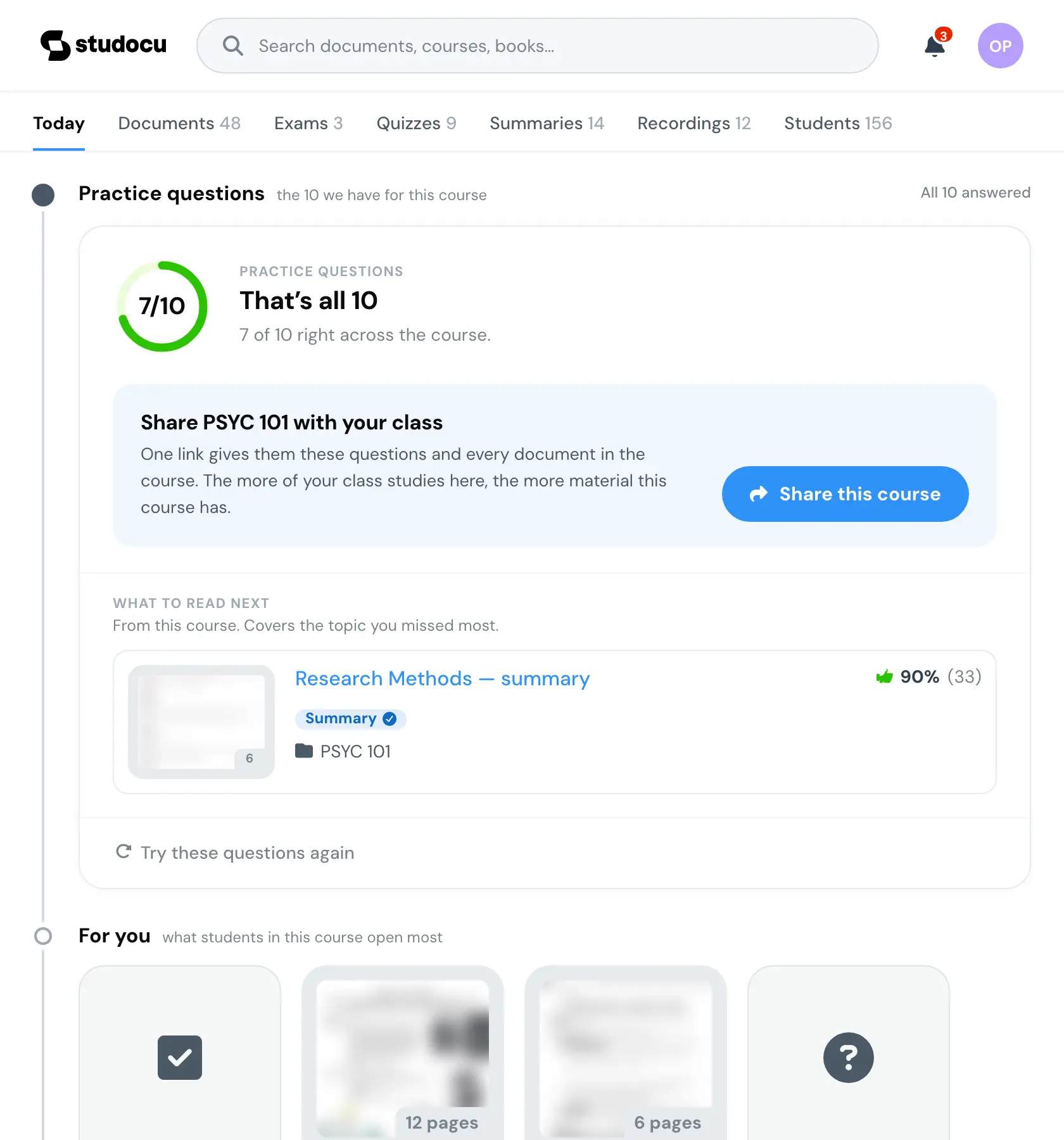 The practice questions finished at seven of ten, That's all 10. Under the score, a tinted panel says Share PSYC 101 with your class: one link gives them these questions and every document in the course, with a Share this course button. What to read next follows below it.