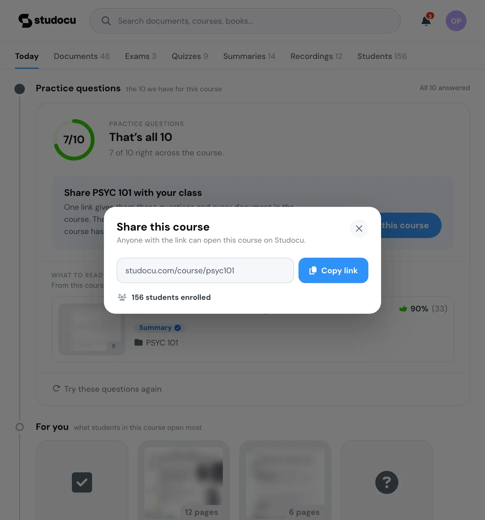 Share this course pressed. A small sheet over the page says anyone with the link can open this course, shows the course link beside a Copy link button, and says 156 students are enrolled.