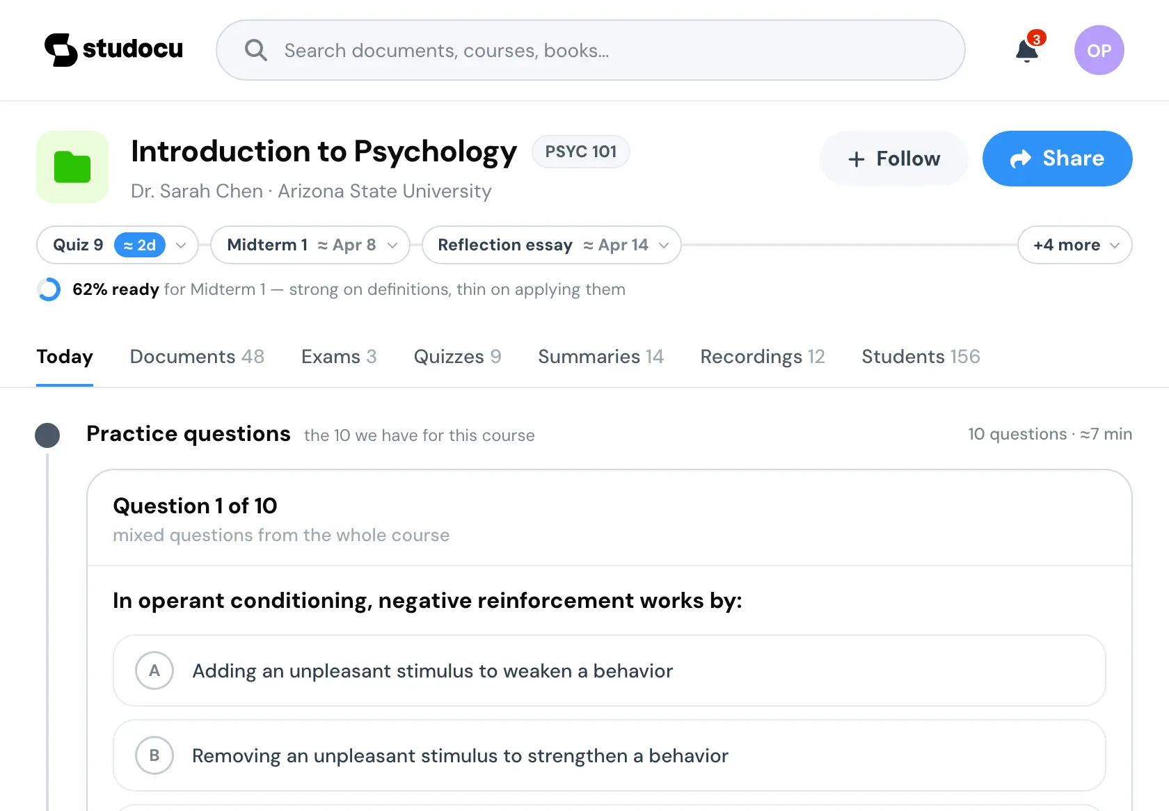 The course page for Introduction to Psychology as it landed. The next three term items sit as pills on one line, every date marked as an estimate, over a line saying how ready the student is for Midterm 1. Below the tabs, practice questions are already on screen with the first one open.