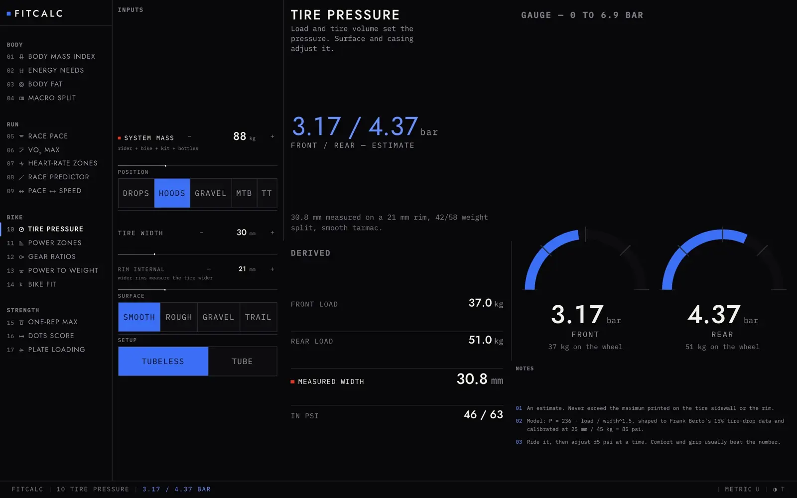 Tire pressure. Two gauges read 3.17 and 4.37 bar for front and rear, worked from a system mass, a measured casing width and a chosen surface. The notes underneath name the model and the point it was calibrated at, then say the number is an estimate, never to exceed the sidewall maximum, and that comfort and grip usually beat it.