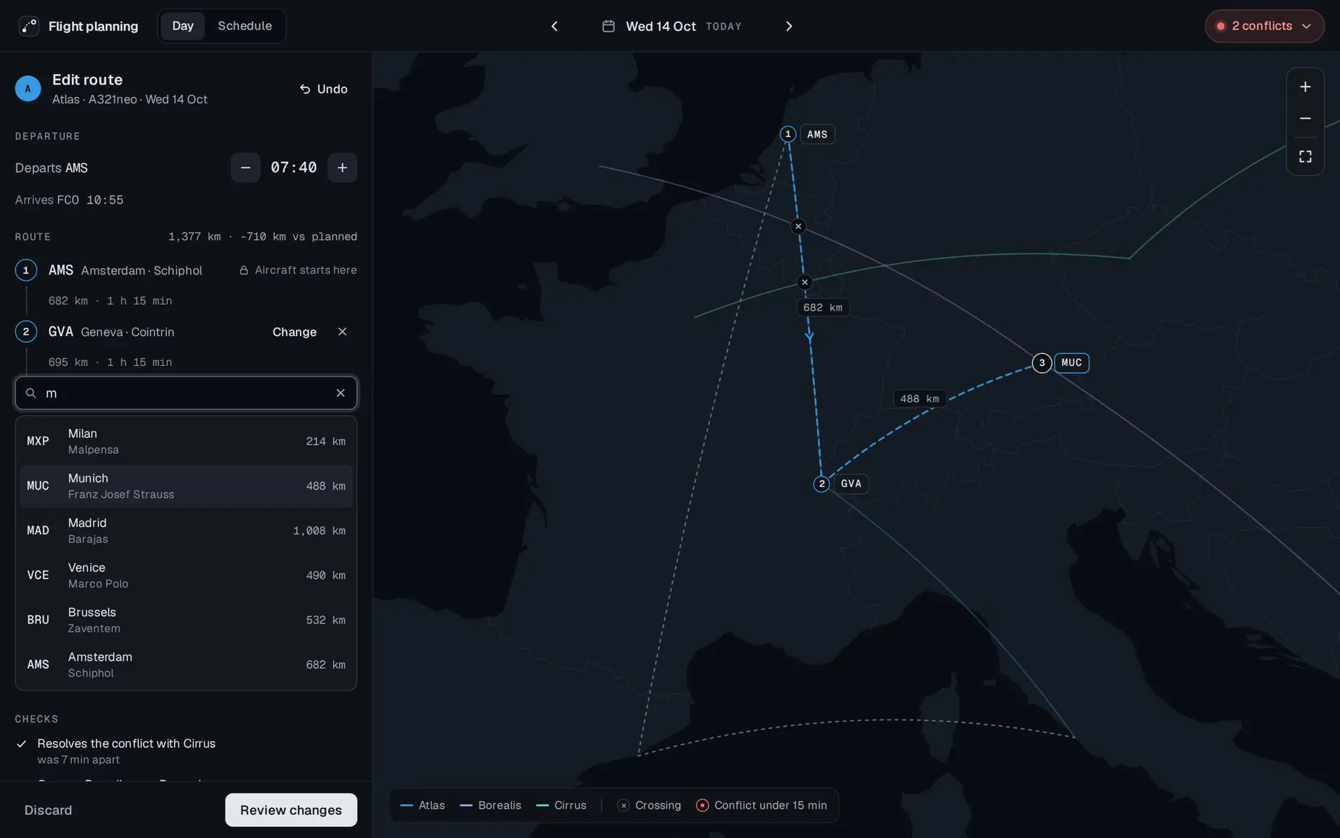 The same editor with a search field open under stop 2, m typed in it, and six airports listed with their codes and distance: MXP Milan Malpensa 214 km, MUC Munich Franz Josef Strauss 488 km, highlighted, MAD Madrid Barajas 1,008 km, VCE Venice Marco Polo 490 km, BRU Brussels Zaventem 532 km, AMS Amsterdam Schiphol 682 km. The map previews Munich as stop 3, dashed, 488 km from Geneva.