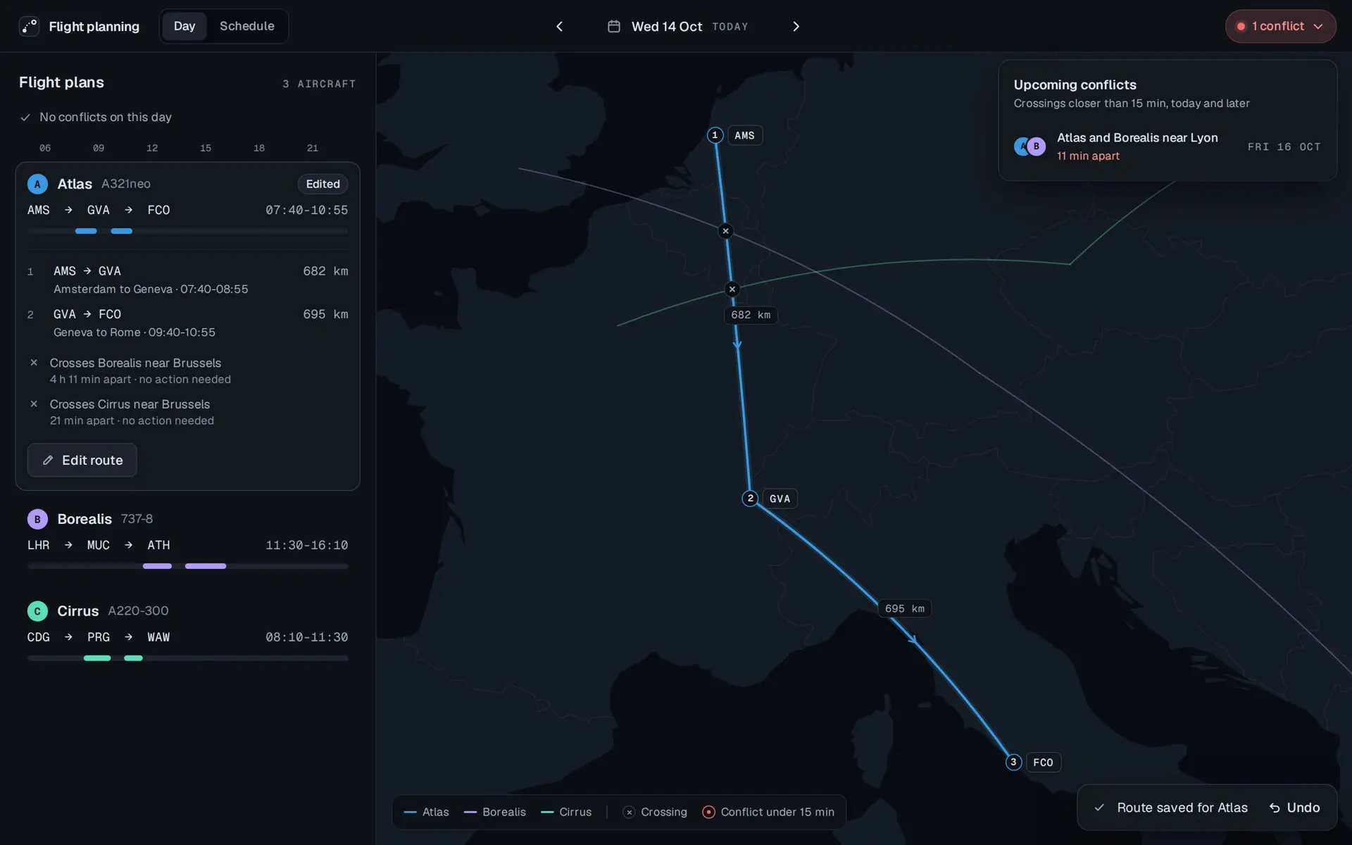 The conflicts pill opened as a panel, Upcoming conflicts: crossings closer than 15 min, today and later. One row: Atlas and Borealis near Lyon, 11 min apart, Fri 16 Oct. Behind it, today's plans read No conflicts on this day.