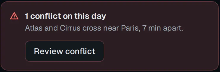 The day banner, on a dark red ground: 1 conflict on this day. Atlas and Cirrus cross near Paris, 7 min apart. A Review conflict button.