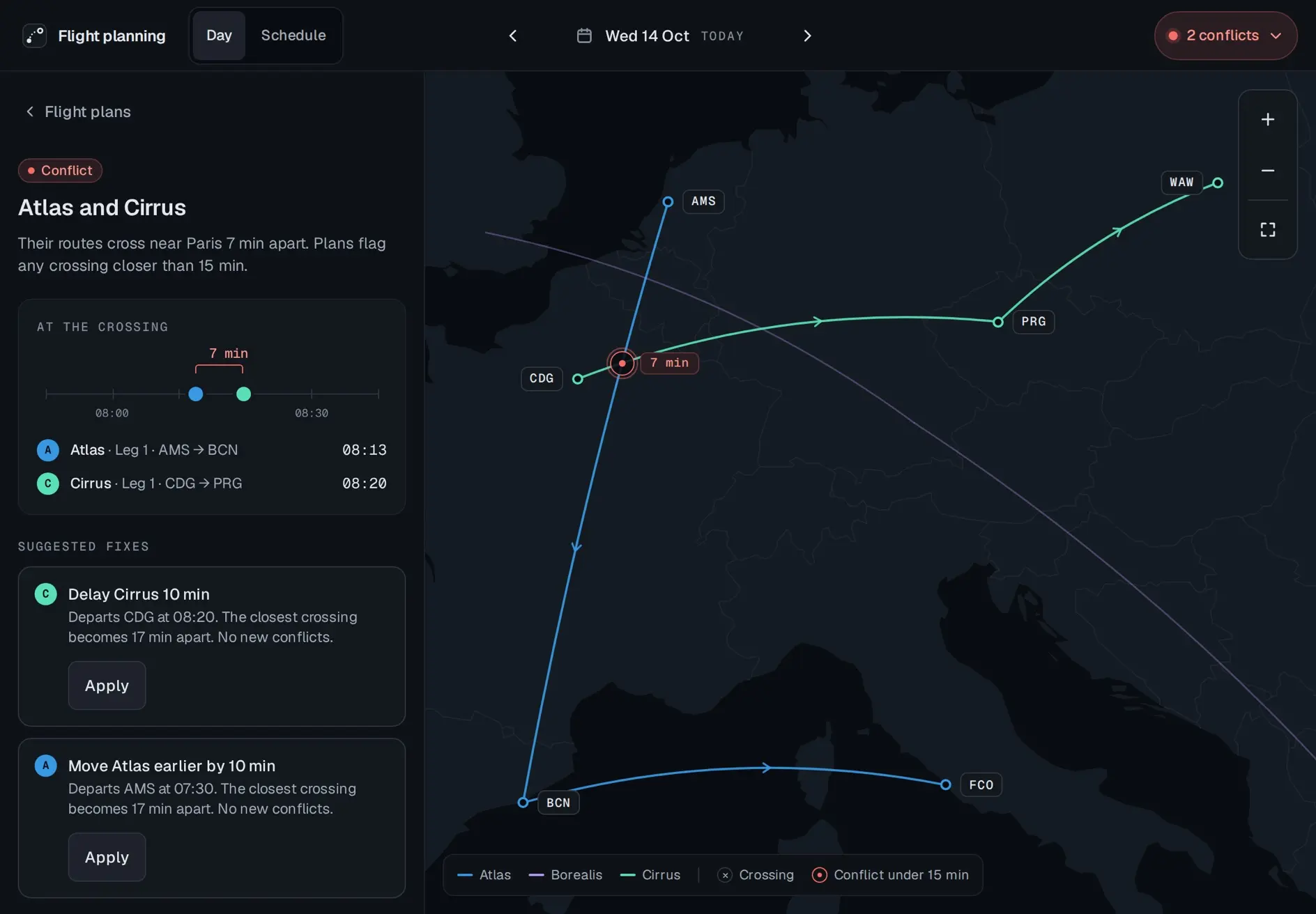 The conflict panel on a tablet: Atlas and Cirrus, 7 min apart near Paris, the time line with Atlas at 08:13 and Cirrus at 08:20, and the two suggested fixes, each with Apply.