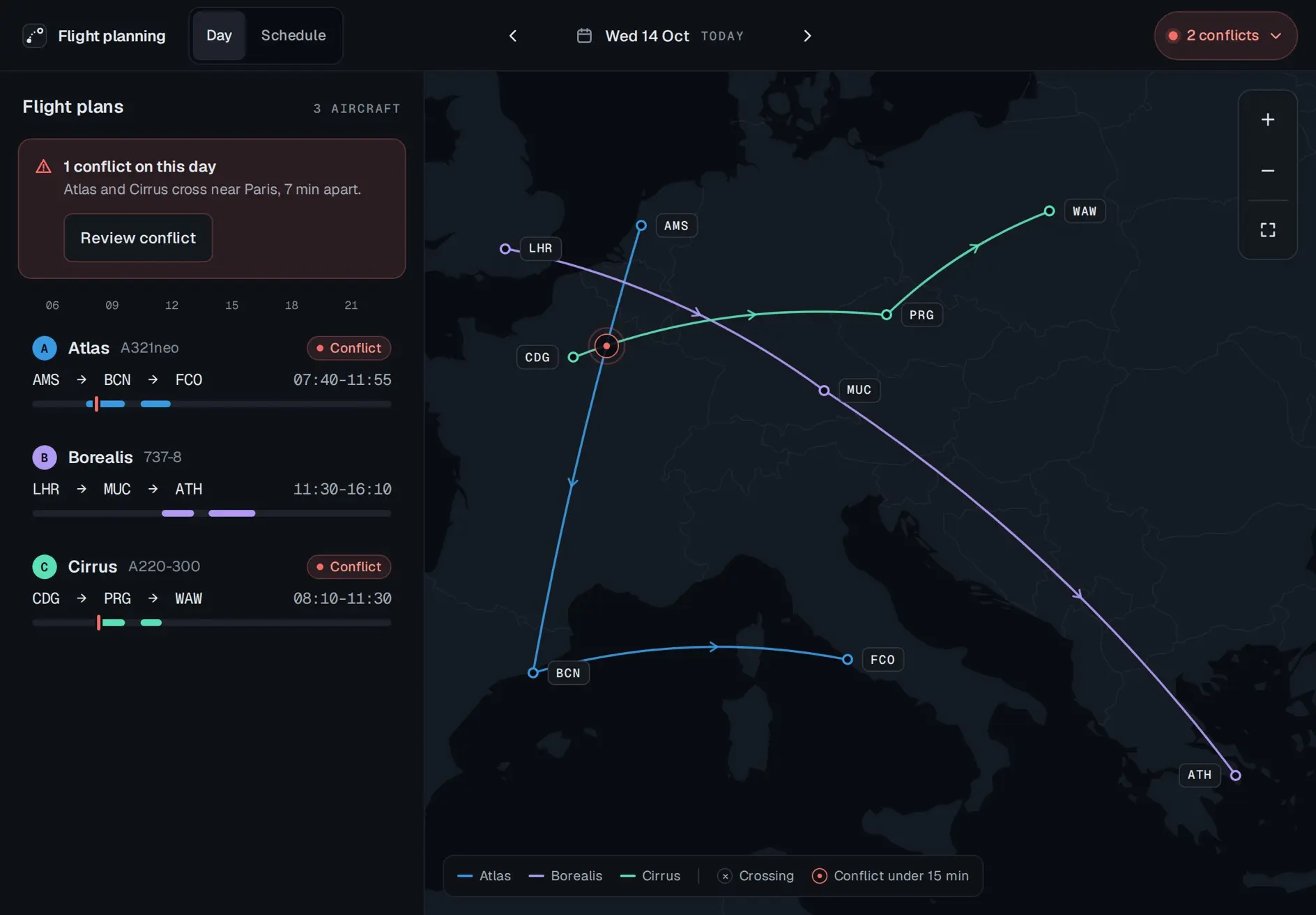 The planner on a tablet, Wednesday 14 October: the same banner, 1 conflict on this day, and the three plans on the left, the map with the three routes and the red ring near Paris on the right. Controls and type are larger.