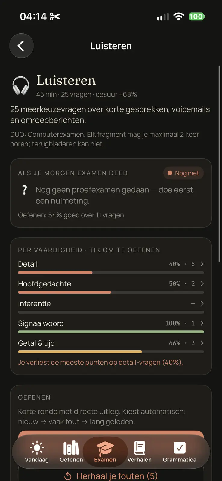 The listening part up close: 45 minutes, 25 questions, a pass mark around 68 percent, multiple choice over short conversations, voicemails and announcements. A card headed as if you sat the exam tomorrow says there is no mock yet and to do a baseline first. Below it, a breakdown per skill, detail, main idea, inference, signal words, numbers and time, each with a bar and a score, and a line saying most points are lost on detail questions, at 40 percent. At the foot, a practice round that picks new questions first, then frequent mistakes, then ones from long ago.