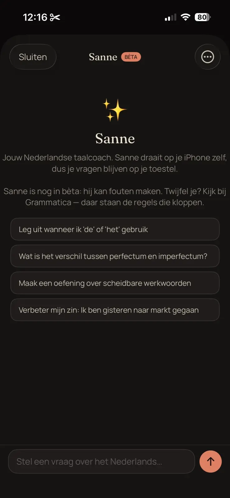 A language coach called Sanne, marked beta. A line says she runs on the iPhone itself, so questions stay on the device. Four suggested questions sit under it, on de and het, on the difference between two past tenses, on separable verbs, and on correcting a written sentence.